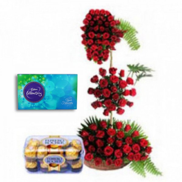 Arrangement of 100 Red Roses with Cadbury's Celebrations and a box of 16 pcs of Ferrero Rocher Chocolates